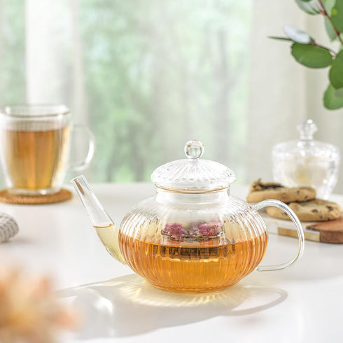 JoyJolt 33.8oz Fluted Glass Teapot Set with 13.5oz Double Wall Glasses, Stovetop Safe Kettle, Borosilicate Clear Tea