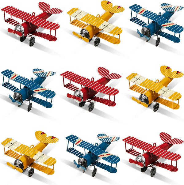 Therwen 9 Pcs Metal Airplane Decorations Vintage Airplane Ornament Hanging Iron Biplane