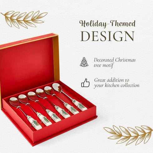 Spode Christmas Tree Teaspoons Set of 6, 6-Inch Stainless Steel Holiday Silverware with Porcelain Handles