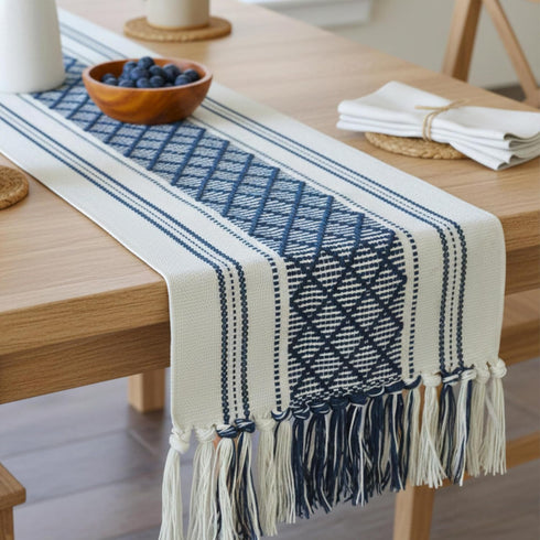 14 72 Inches, Boho Table Runner with Tassel x Blue & Cream, Woven Washable Dresser Scarf and Topper for Bedroom