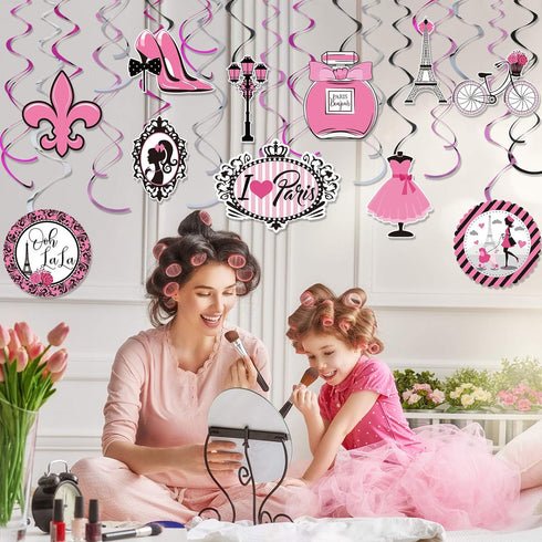 30 Pieces Paris Party Hanging Swirls Decorations, Pink Eiffel Tower & High Heels for Birthday Theme Supplies