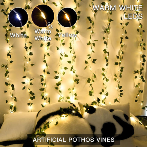 33ft100 suddus Vine with Fairy Lights Battery Operated, LED Pothos String Lights with Remote, Leaf Lights for Bedroom