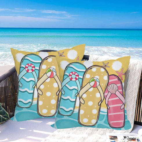 2 Pack Waterproof Summer Throw Pillow Covers, 18x18 Inch, Flip Flops Decor, Tropical Beach Starfish Outdoor Cases