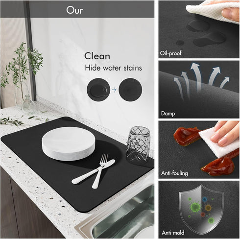 Drying Mat for Kitchen Countertops, Absorbent Rubber Backed Dish Drying Mat (Black, 16"x24")