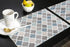 ALAGEO Retro Moroccan Plaid Placemats Set of 6 for Dining Table, Cotton Linen Geometric Quatrefoil Blue Beige Grey