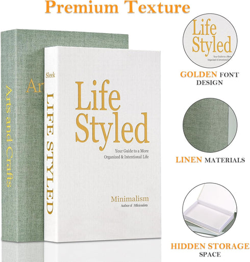Set 2 Realistic Decorative Book Boxes with Hidden Storage, of Linen Faux Books, Sturdy and Neutral Home Decor