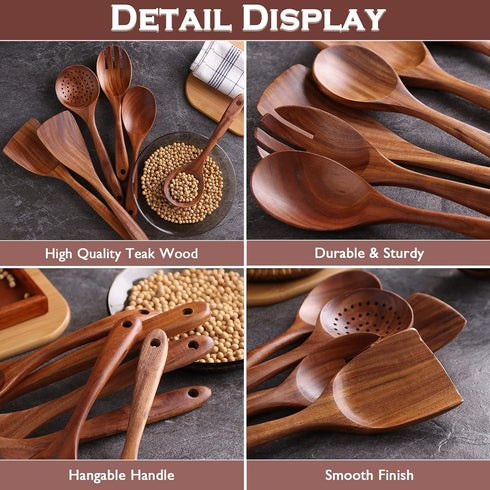 Wooden Spoons for Cooking, 6 Pcs Natural Teak Wood Non-Stick Utensils Set for Kitchen