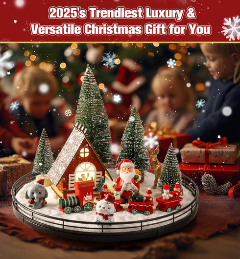 12 Set 13" Oroyutor Pcs Christmas Village - Oak Wooden Lazy Susan with Santa Train, House & Trees Indoor Christmas