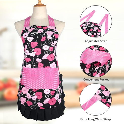 G2PLUS Vintage Damask Mothers Apron for Women, Extra Long Ties, Pockets, 29 x 21 Inch, Perfect for Cooking, Baking,