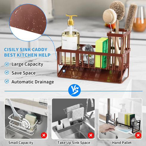 304 Cisily Kitchen Sink Caddy, Sponge Holder for Kitchen Sink, Kitchen Sink Organzier and Storage with High Brush