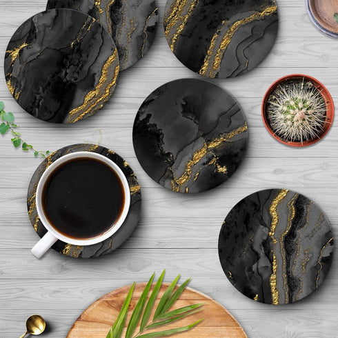 Set 6, Britimes Table Coaster for Drinks of Marble Black Golden Natural Gold Yellow Coffee Absorbent Round Ceramic