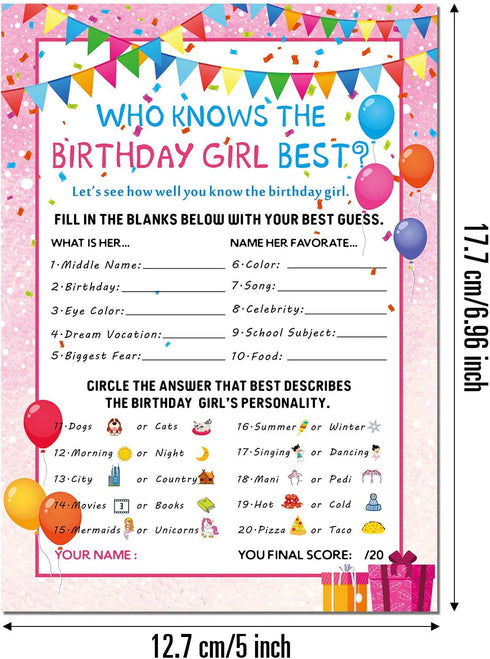 Skylety 50 Pieces Birthday Party Activity Game Card Set, Who Knows Her Best for Themed Party Decorations