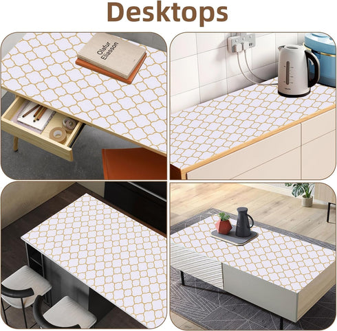 Shelf Liners for Kitchen Cabinets, 12in x 10FT Non Adhesive Drawer Liner, Gold Quatrefoil Thickened Shelf Liner Paper