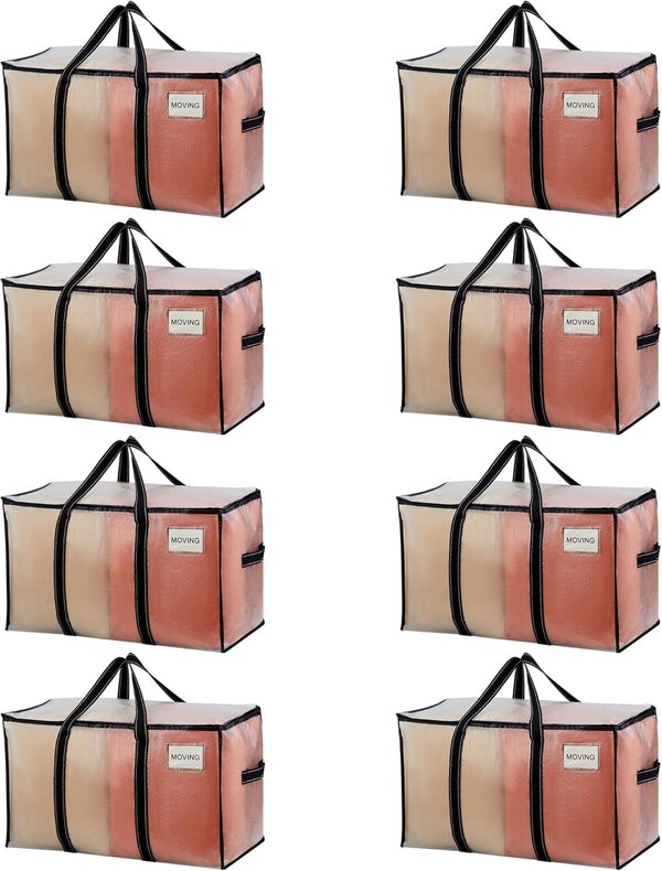 VENO 8 Pack Moving Bags, Heavy Duty Totes with Lids, College Packing Storage Boxes, Extra Large, Sturdy Handles, Zipper