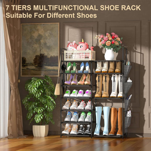 7 Closet, 24-28 Kottwca Tiers Shoe Rack Metal Shoe Organizer for Entryway Pairs Stackable Shoe and Boots Shelf Storage