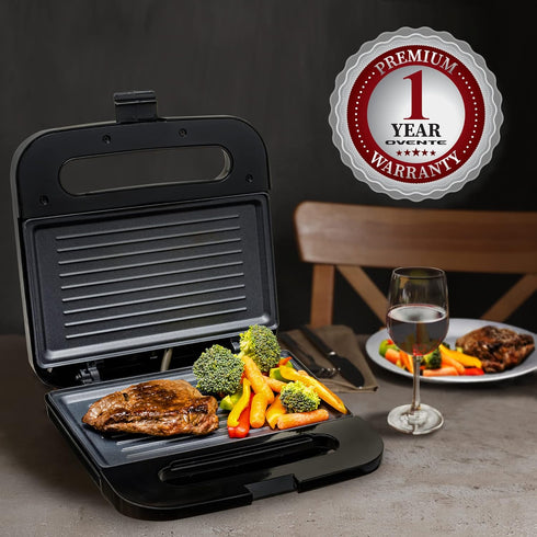 OVENTE Electric Panini Press Grill with Nonstick Plates, LED Indicator Lights, Compact Sandwich Maker, Black