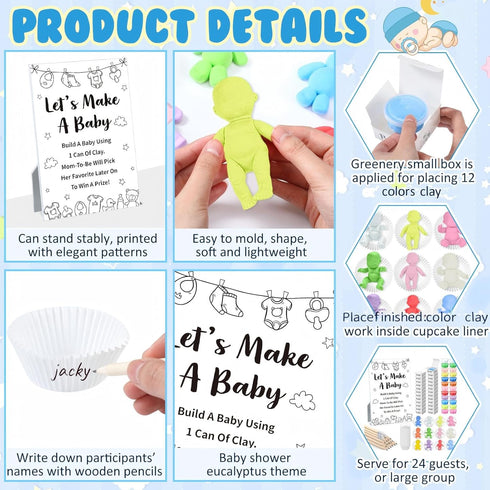 Blosssound Set 24 24 Funny Baby Shower Games Decorations Let's Make a Baby Clay Game Sign Play Clay Pencils Shower