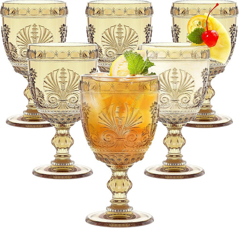 Singhoow 6 Pcs Goblet Glasses 10 oz Wine Glasses, Drinking Glasses Colored Retro
