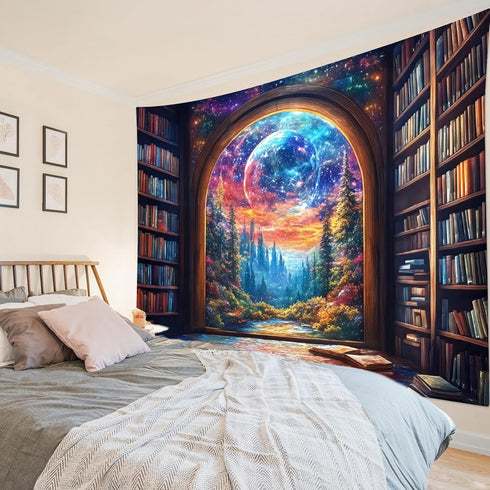 LB 60 40 Inches Fantasy Bookshelf Moon Tapestry, Forest Tree and Vintage Library Classroom Wall Tapestry for Bedroom