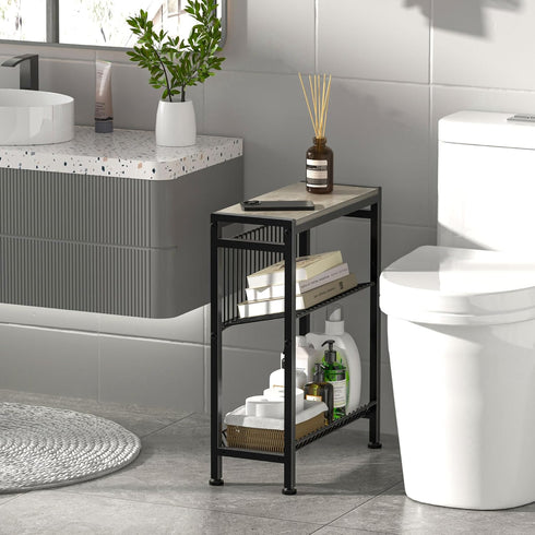 3-Tier Narrow Side Table for Small Space, End Table with Magazine Holder, Slim Nightstand with Wire Shelf, Skinny
