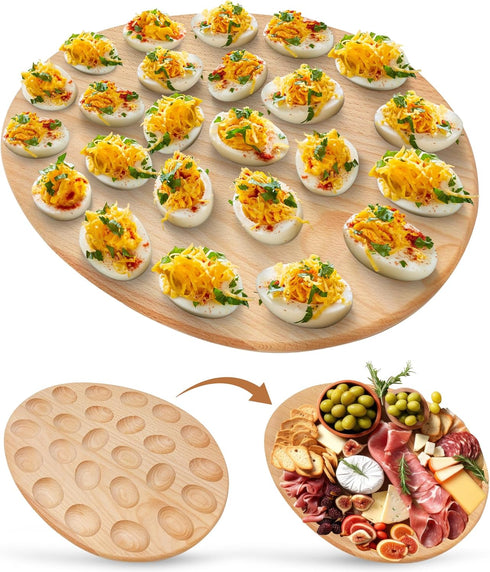 Namre' Deviled Egg Tray Wooden Holder for 24 Eggs Reversible Oval Platter &