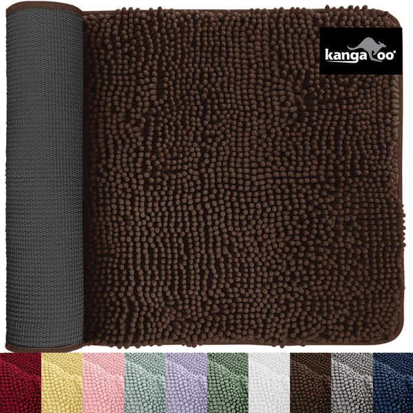 KANGAROO Luxury Chenille Bath Rug, 30x20, Extra Soft and Absorbent Shaggy Mat for Tub, Shower, Bathroom, Brown