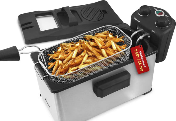 Elite Gourmet EDF-3500 Electric Immersion Deep Fryer: Removable Basket, Timer Control, Adjustable Temperature, 3.5 Quart