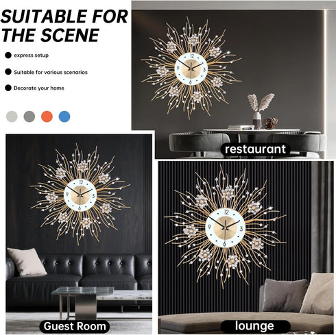Large Wall Clocks - Silent Sunflower Shape Decorative Wall Clock, Modern Non-Ticking Iron Metal for Living Room