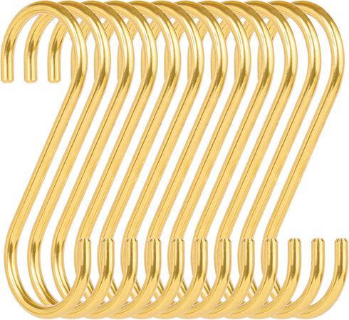 12-Pack 3.95" Brass S Hooks for Hanging - Heavy-Duty S-Shaped Hook for Coffee Cups Mug Coat Clothes Storage Hangers