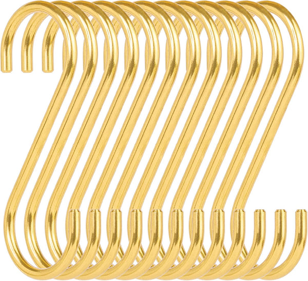 12-Pack 3.95" Brass S Hooks for Hanging - Heavy-Duty S-Shaped Hook for Coffee Cups Mug Coat Clothes Storage Hangers