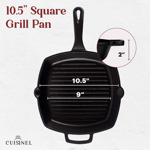 Cuisinel Cast Iron Square Grill Pan with Glass Lid, Pan Scraper, Handle Cover - 10.5" Pre-Seasoned