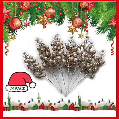 Huisipool 24 Pieces Christmas Glitter Berries Stems Artificial Berry Twig Stem Berry Picks Decorations for Christmas