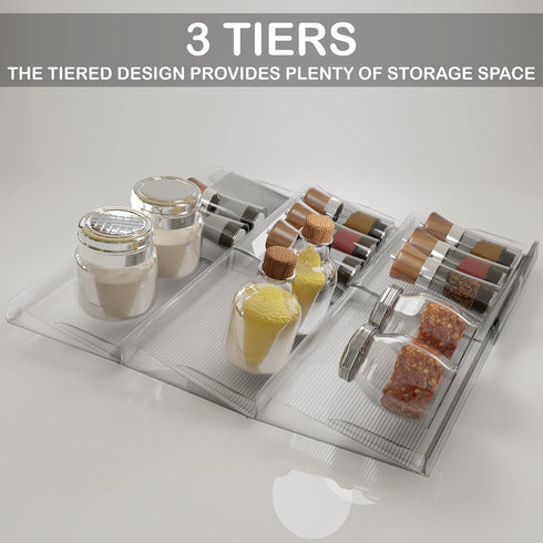BaHoki Essentials 3 Tier Spice Rack - Kitchen Drawer Organizer for Salt, Pepper, Spices, Clear Plastic Storage Rack