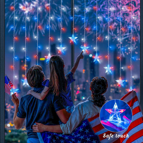 4th Lights,118LED woohaha of July Patriotic Star Icicle Red White and Blue Curtain Window Lights,Connectable Star