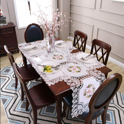 Dresser Scarf Handmade Crochet Cotton Lace Table Runner, Ribbon Embroidery (17 x 56 inches)