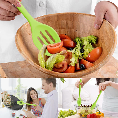 Silicone Cooking Spoons, Heat Resistant Large Slotted Spoon, Solid Basting Spoon Set for Nonstick Cookware (Green)
