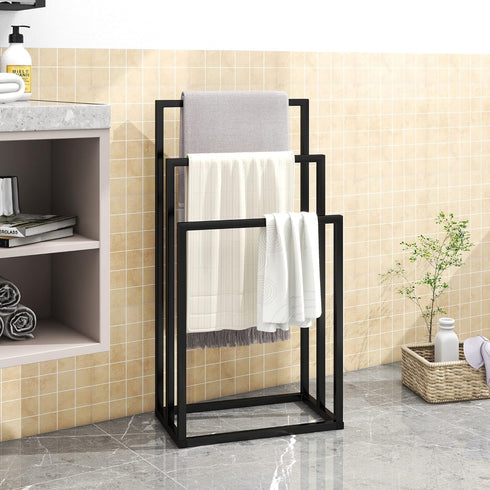 3 3 Metal Towel Racks Bars for Bathroom Freestanding Drying Shelf Tier Storage Organizer Washcloths Holder (Black)