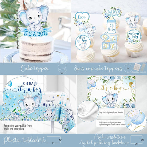 HYCSANBAO Elephant Baby Shower Decorations for Boy, Blue Elephant Baby Shower Party Supplies, It's a Boy Backdrop