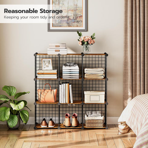 HOOBRO 9-Cube Wire Storage Organizer, Metal Grid Shelf, Modular Cabinet for Living Room, Bedroom, Rustic Brown and Black