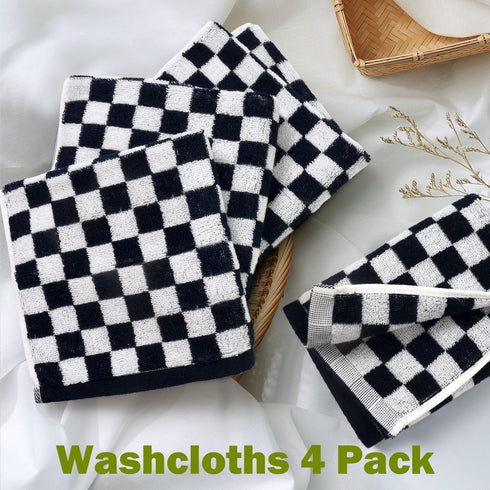 4 Pack 13 13 Inches Jacquotha Wash Cloths Checkered (Black and White) - Cotton Washcloths for Face Body, x Daily