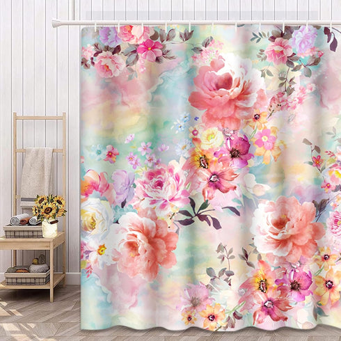 ArtSocket Shower Curtain, Colorful Flowers Romantic Pink Teal Watercolor Chic Floral Pattern, 72 x 72 Inches