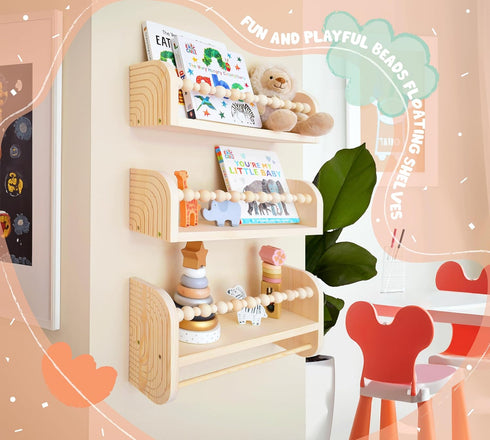 Set 3 CNK Nursery Floating Book Shelves for Wall Mounted of Book Shelf for Kids Room, Toddler Room, Baby Rooms Natural