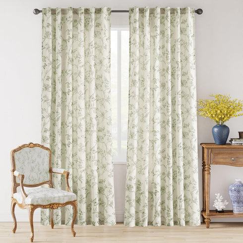 84 Inch 2 Lazzzy Charlotte Green Floral Curtains Length Linen Farmhouse Curtain Back Tab Drapes for Living Room Bedroom