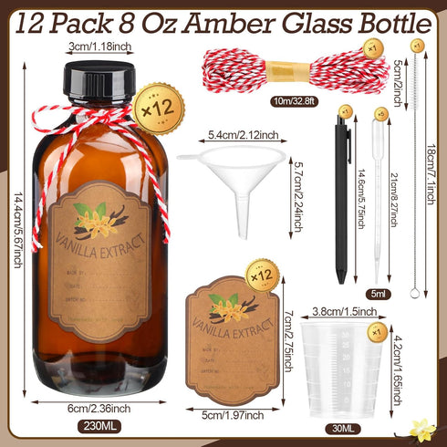 12 Pack 8 oz (8 oz) ProSuites Amber Vanilla Extract Bottles Vanilla Glass Bottles for Vanilla Extract Homemade Amber