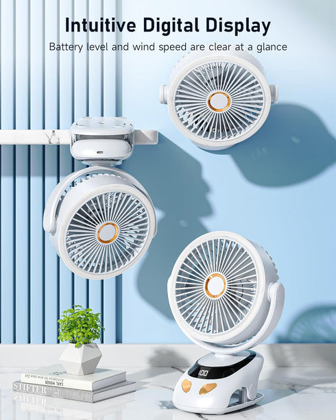 PILSAMAS 10000mAh 40H, 5-Speed (160H 90V) Clip on Fan Rechargeable with LED Light, Battery & Digital Display, Quiet