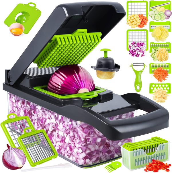 Vegetable Chopper - Pro Onion Chopper, 14 in 1 Multifunctional Food Chopper with 8 Blades and Container (Grey)