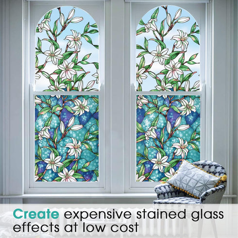 Coavas Decorative Window Privacy Film, Heat Control Sun Blocking Stained Glass Window Film, Floral Design Static Cling