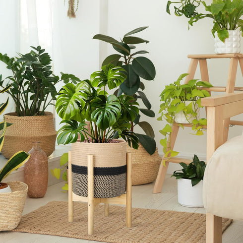 Sunnychicc Stand(10 Inch,Black Plant Basket with Stand Indoor Planter Pot Holder Sturdy Jute Rope Modern Woven Basket