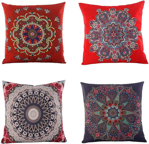 Jartinle Set of 4 Retro Red Floral Mandala Compass Medallion Bohemian Pillow