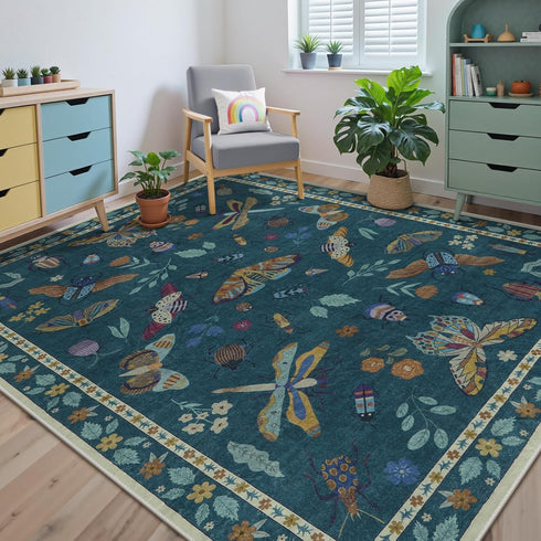 5x7 Decor(5'x7',Dark Beeiva Insect Print Rug for Bedroom - Soft Washable Non Slip Butterfly Playroom Rugs for Living